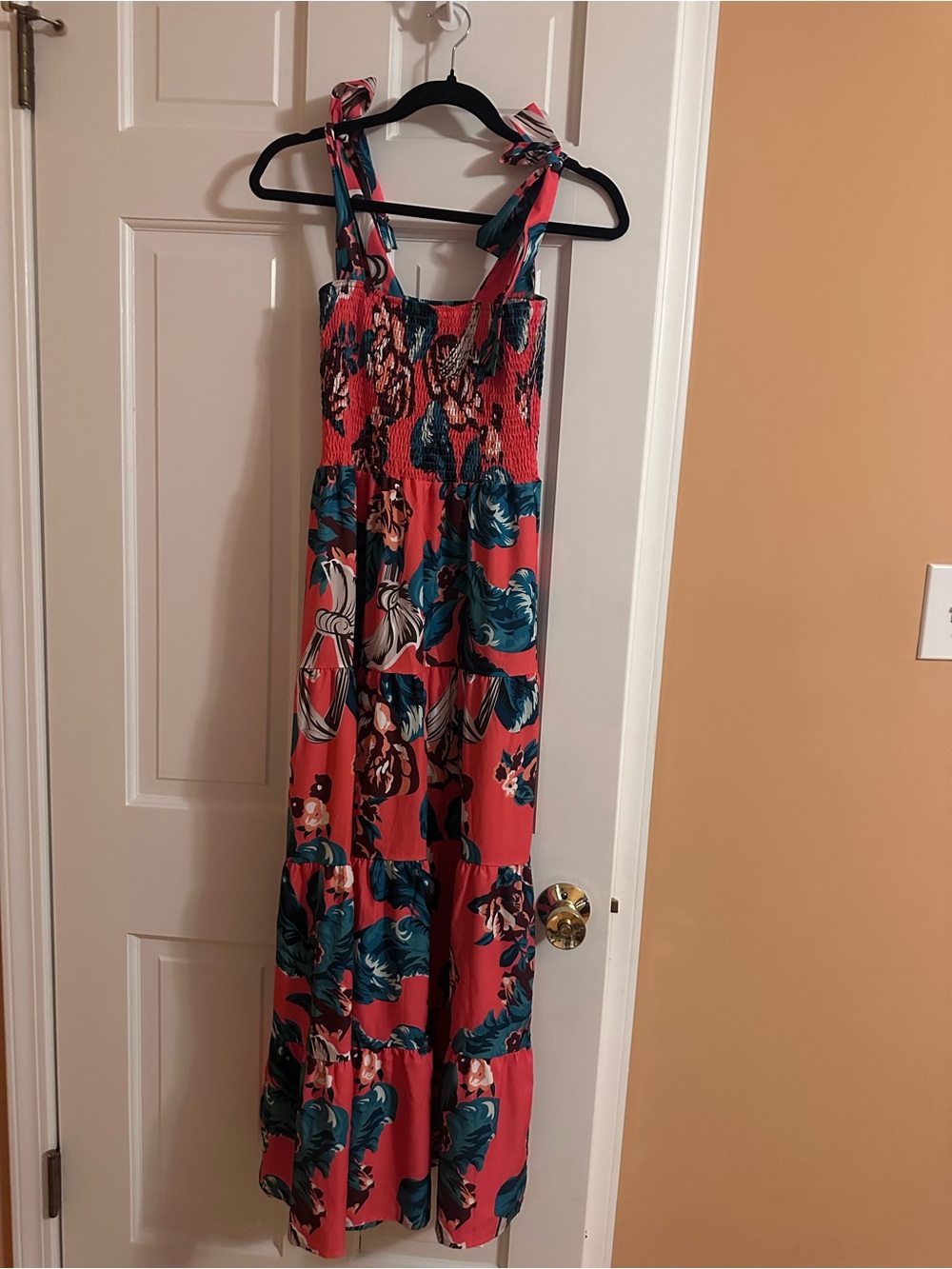 Amazon Coral and Teal Floral Tie-Shoulder Maxi Dress
